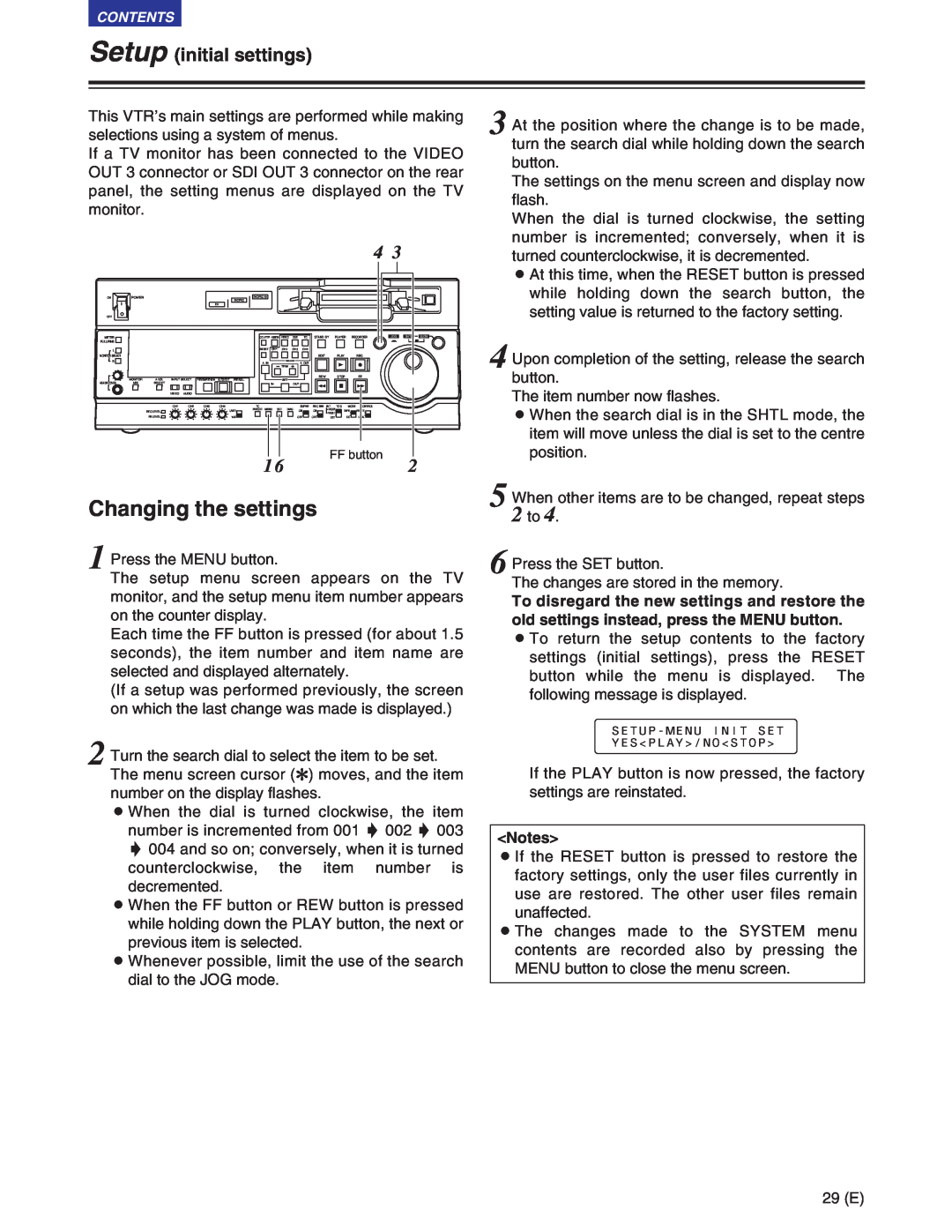 Panasonic AJ-SD955BE, AJ-SD930BE manual Changing the settings, Setup initial settings 