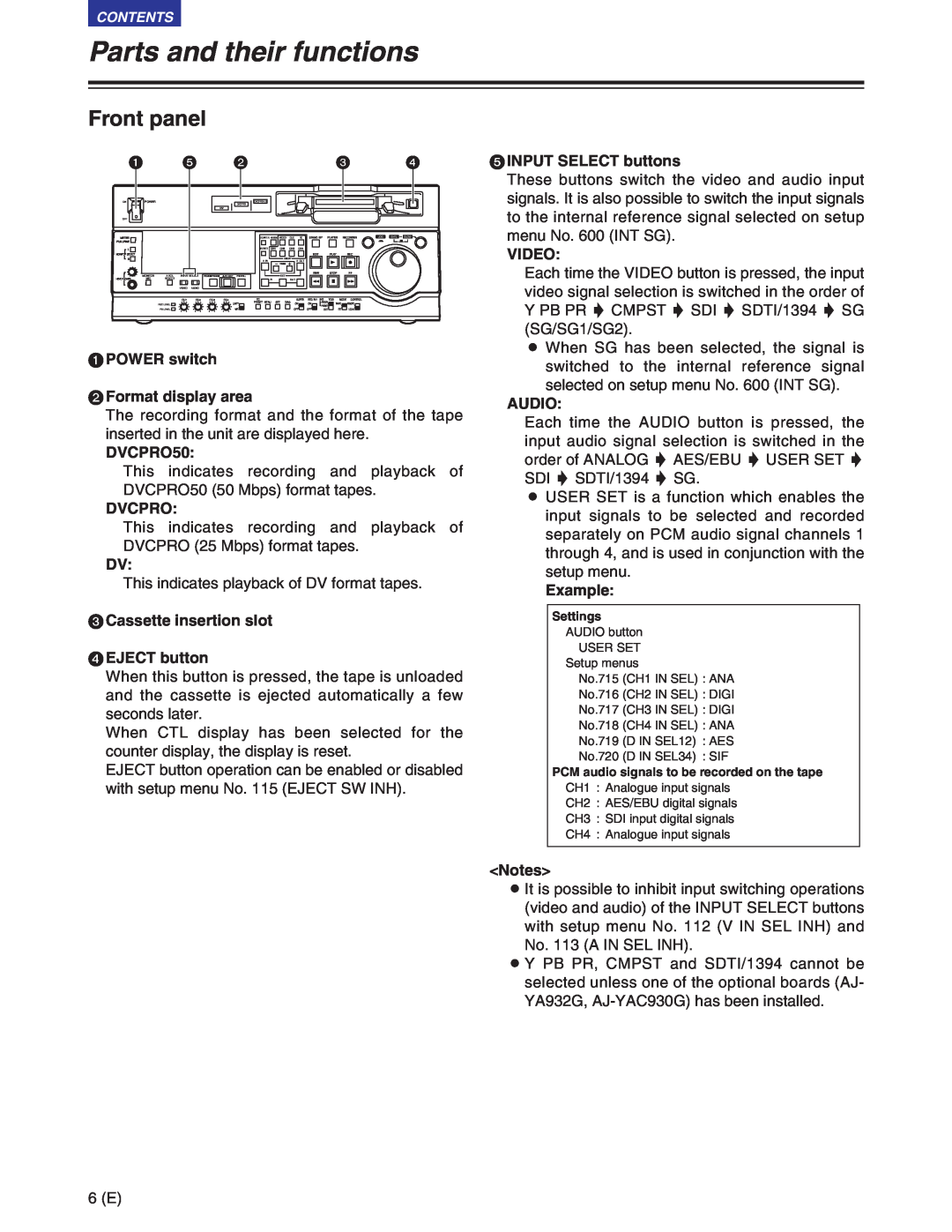 Panasonic AJ-SD930BE, AJ-SD955BE manual Parts and their functions, Front panel 