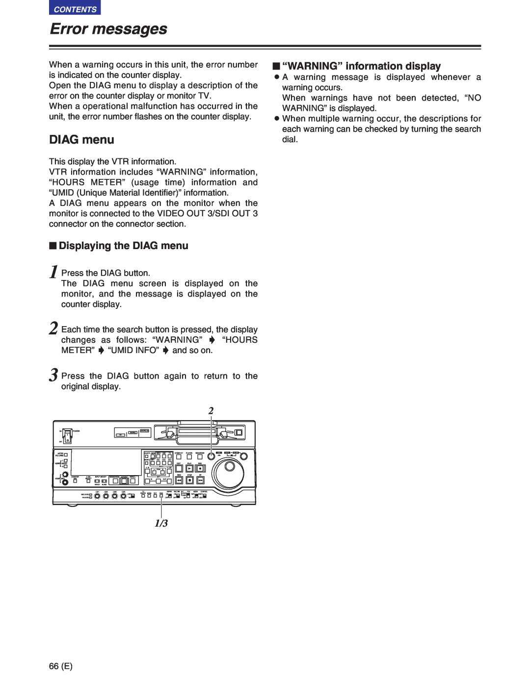 Panasonic AJ-SD930BE, AJ-SD955BE manual Error messages, $ Displaying the DIAG menu, $ “WARNING” information display 