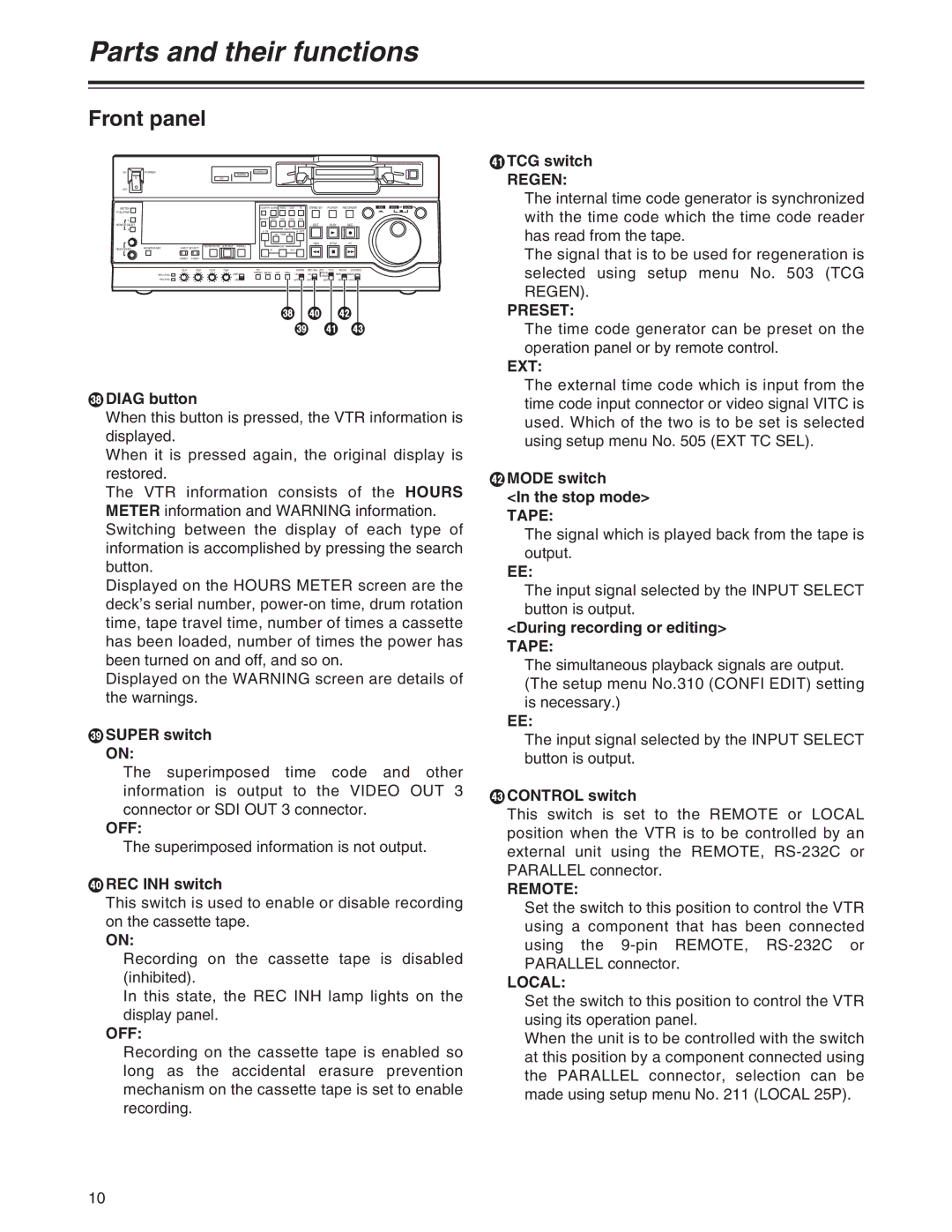 Panasonic AJ-SD955A, AJ-SD930 manual Off, Regen, Preset, Ext, Remote, Local 