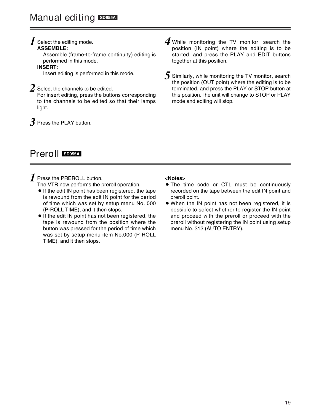 Panasonic AJ-SD930, AJ-SD955A manual Manual editing SD955A, Preroll SD955A 