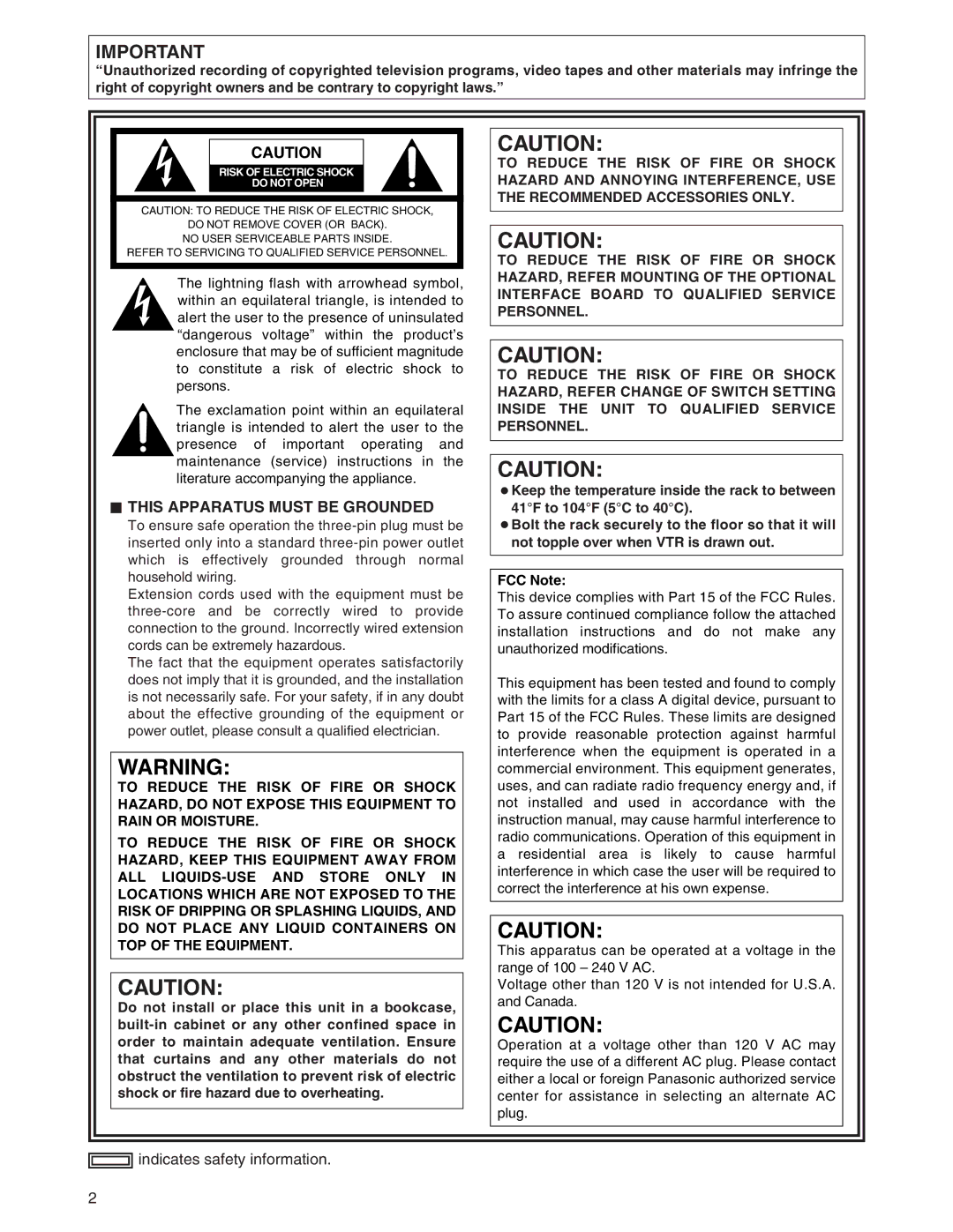 Panasonic AJ-SD955A, AJ-SD930 manual $ this Apparatus Must be Grounded, FCC Note 