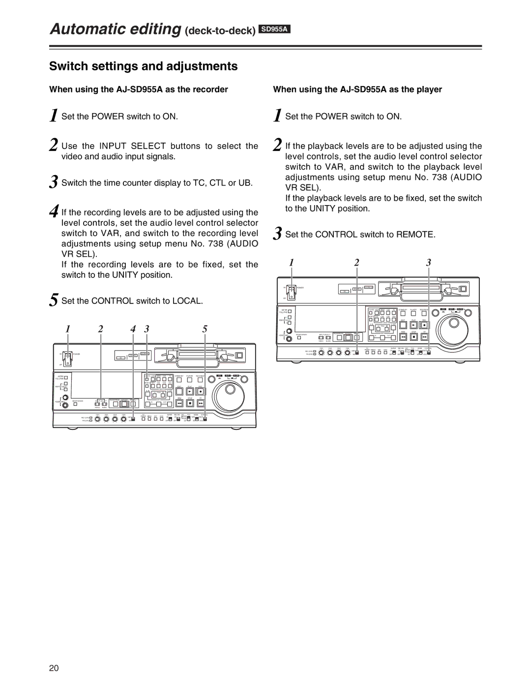 Panasonic AJ-SD955A, AJ-SD930 manual Automatic editing deck-to-deckSD955A, Switch settings and adjustments 