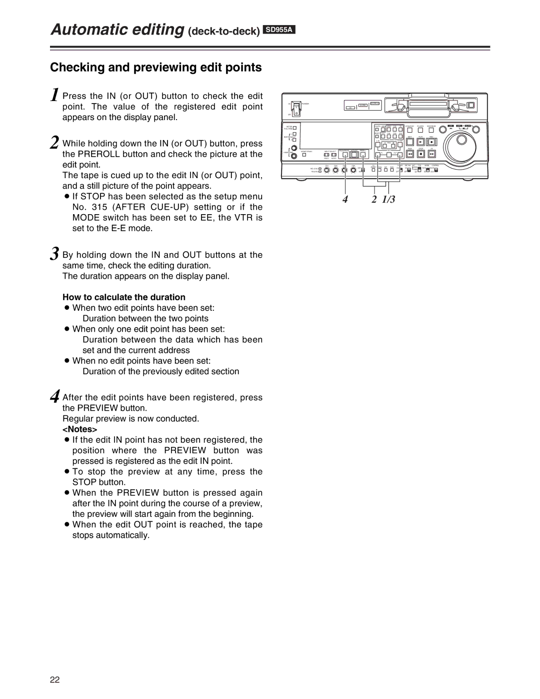 Panasonic AJ-SD955A, AJ-SD930 manual Checking and previewing edit points, How to calculate the duration 