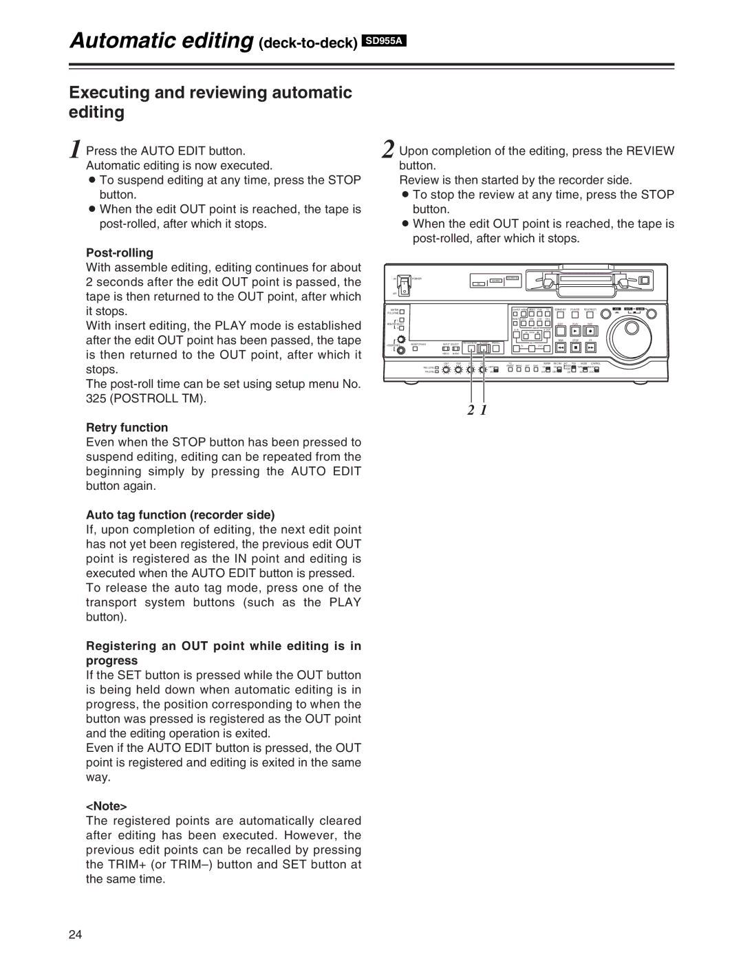 Panasonic AJ-SD955A, AJ-SD930 manual Automatic editing deck-to-deckSD955A, Executing and reviewing automatic editing 