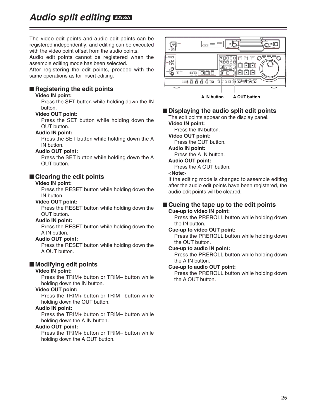 Panasonic AJ-SD930, AJ-SD955A manual Audio split editing SD955A 