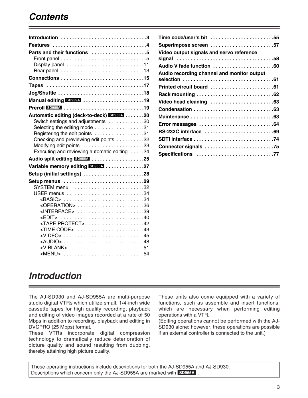 Panasonic AJ-SD930, AJ-SD955A manual Contents, Introduction 