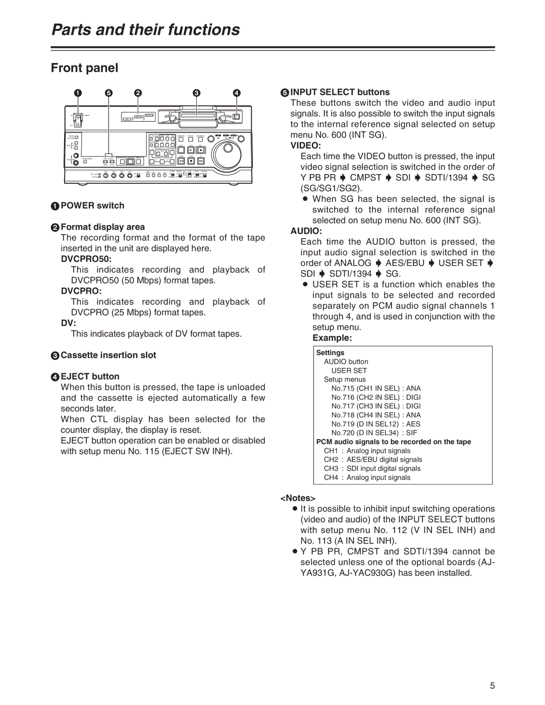 Panasonic AJ-SD930, AJ-SD955A manual Parts and their functions, Front panel 