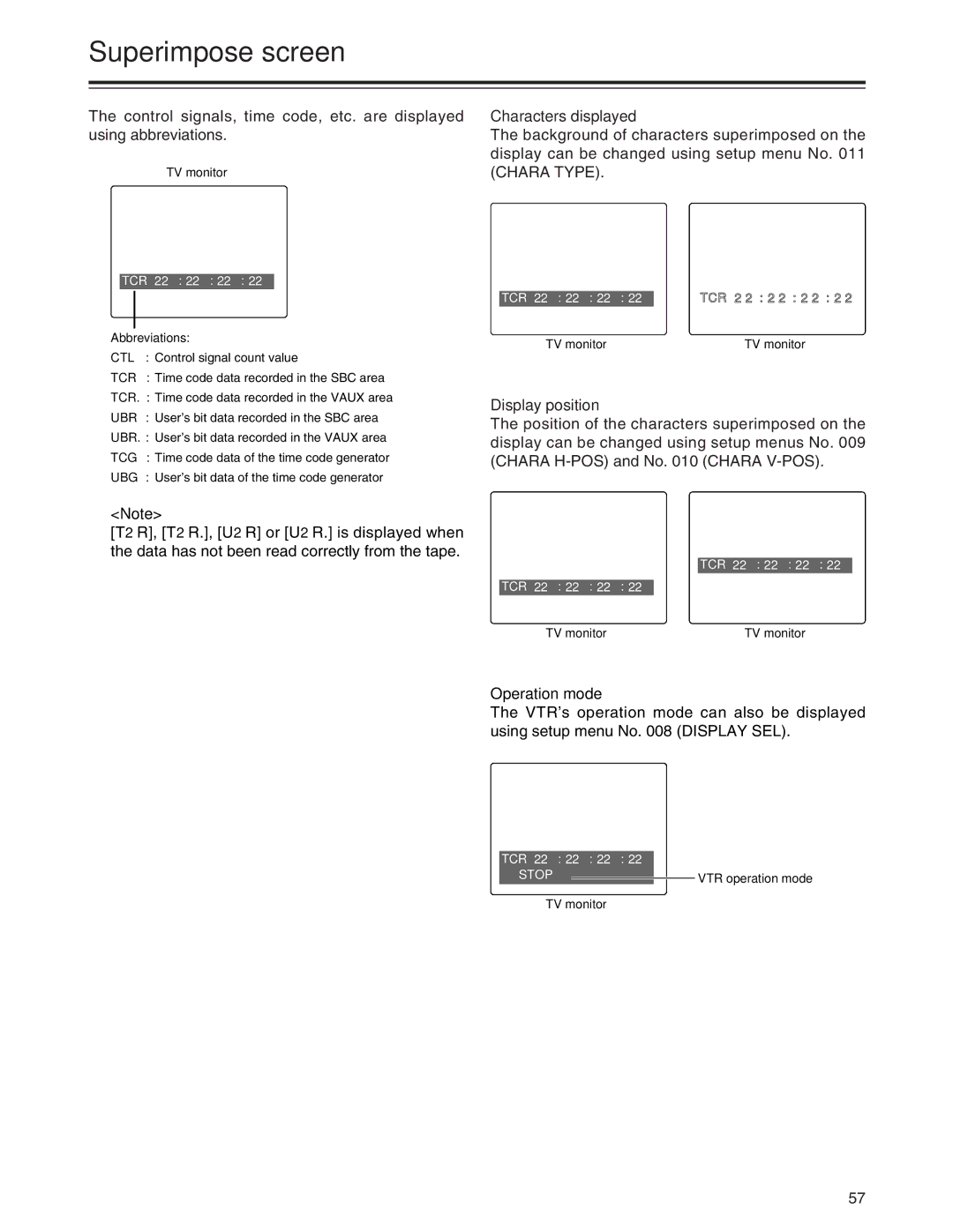 Panasonic AJ-SD930, AJ-SD955A manual Superimpose screen, Characters displayed, Display position, Operation mode 