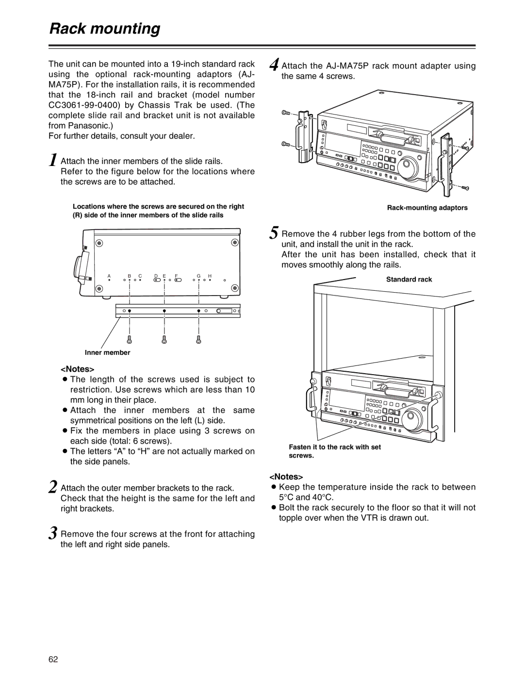 Panasonic AJ-SD955A, AJ-SD930 Rack mounting, Rack-mounting adaptors, Standard rack Fasten it to the rack with set screws 