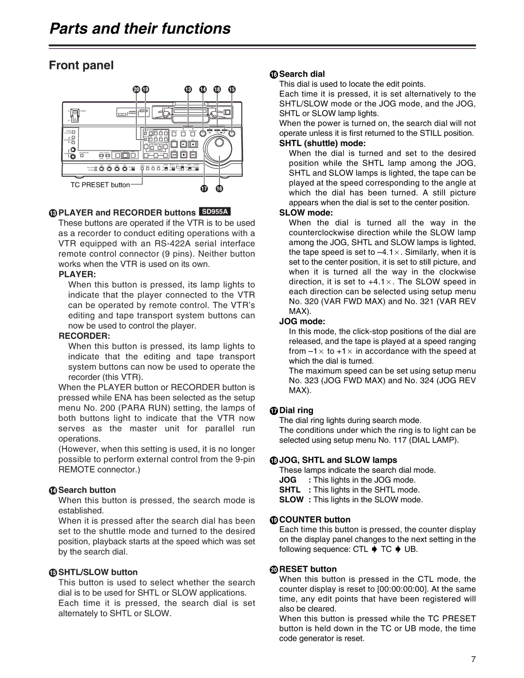 Panasonic AJ-SD930, AJ-SD955A manual Player, Recorder, Search button, ? SHTL/SLOW button 