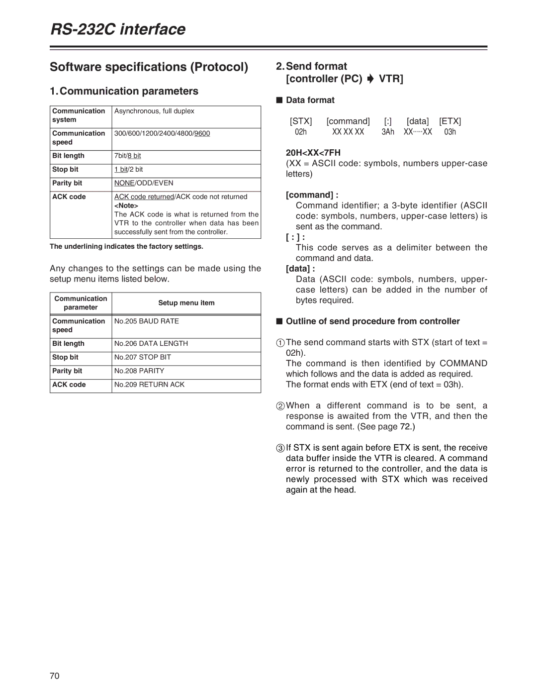 Panasonic AJ-SD955A, AJ-SD930 manual RS-232C interface, Software specifications Protocol, Communication parameters 