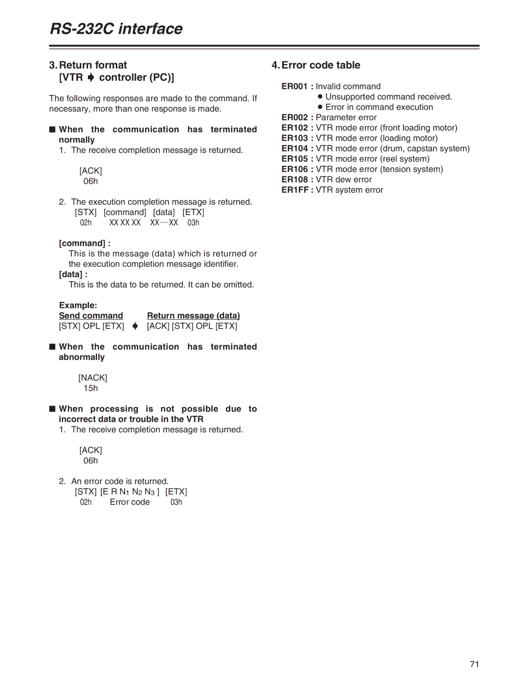 Panasonic AJ-SD930 Return format VTR 5 controller PC, Error code table, $ When the communication has terminated normally 