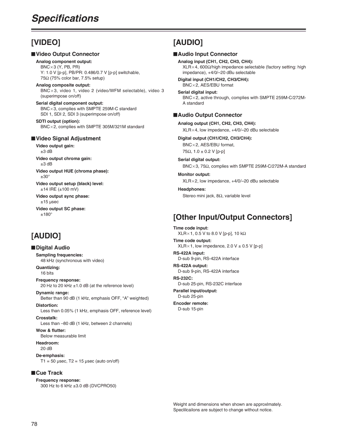 Panasonic AJ-SD955A, AJ-SD930 manual Specifications, Other Input/Output Connectors 