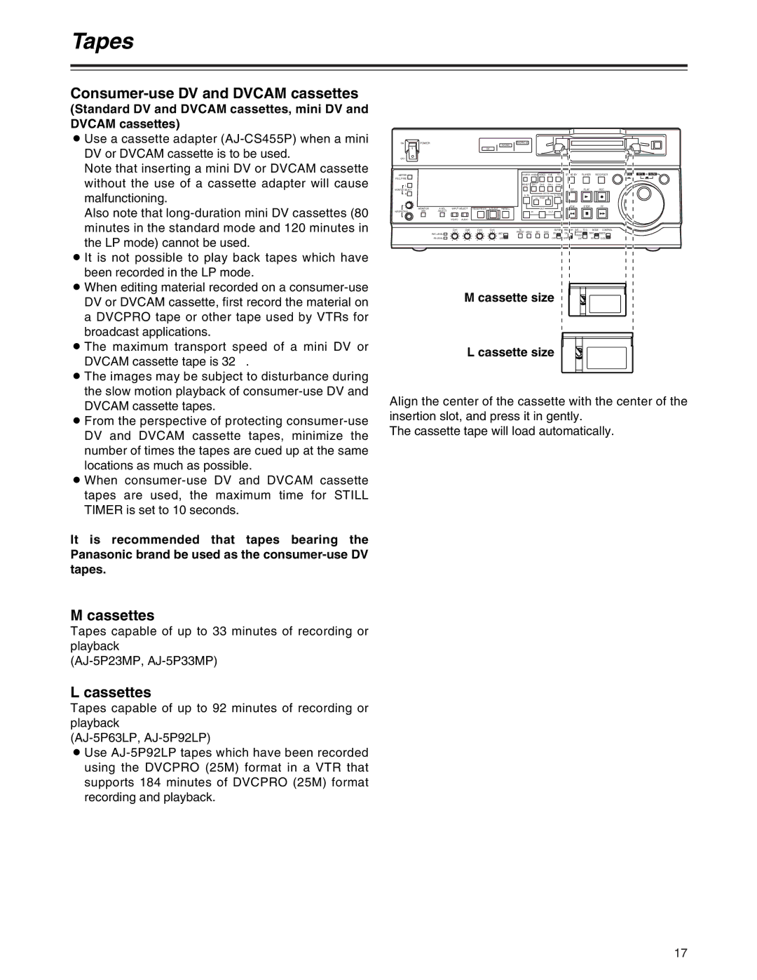 Panasonic AJ-SD955Bp manual Tapes, Consumer-use DV and Dvcam cassettes, Cassettes, Cassette size 