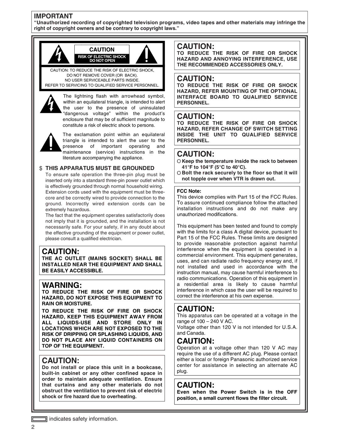 Panasonic AJ-SD955Bp manual $ this Apparatus Must be Grounded 