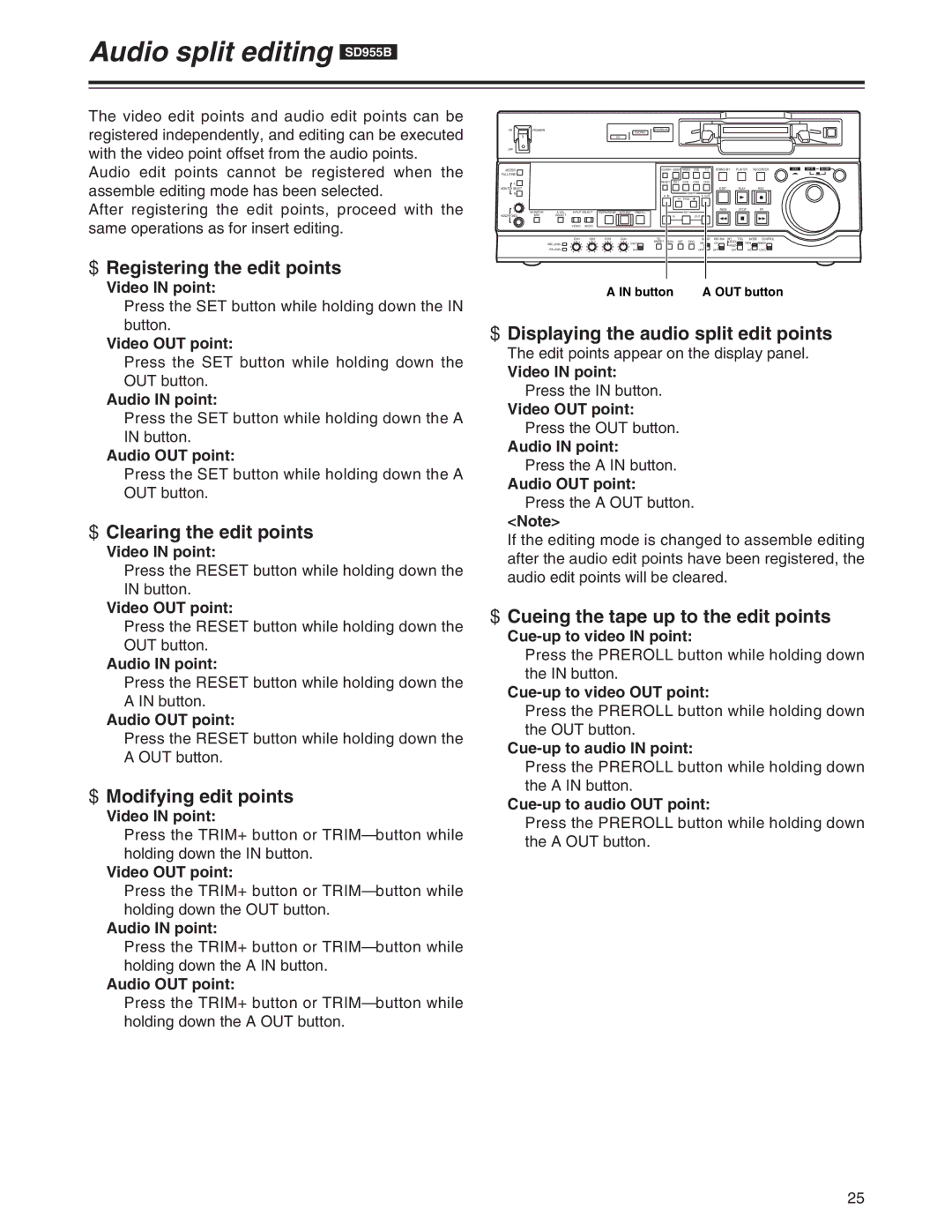 Panasonic AJ-SD955Bp manual Audio split editing SD955B 