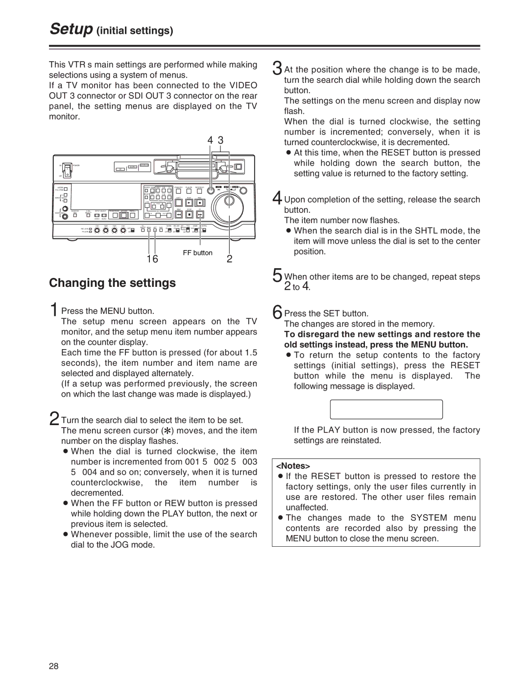 Panasonic AJ-SD955Bp manual Changing the settings, Setup initial settings 