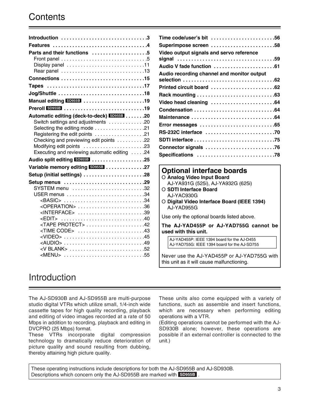 Panasonic AJ-SD955Bp manual Contents, Introduction 