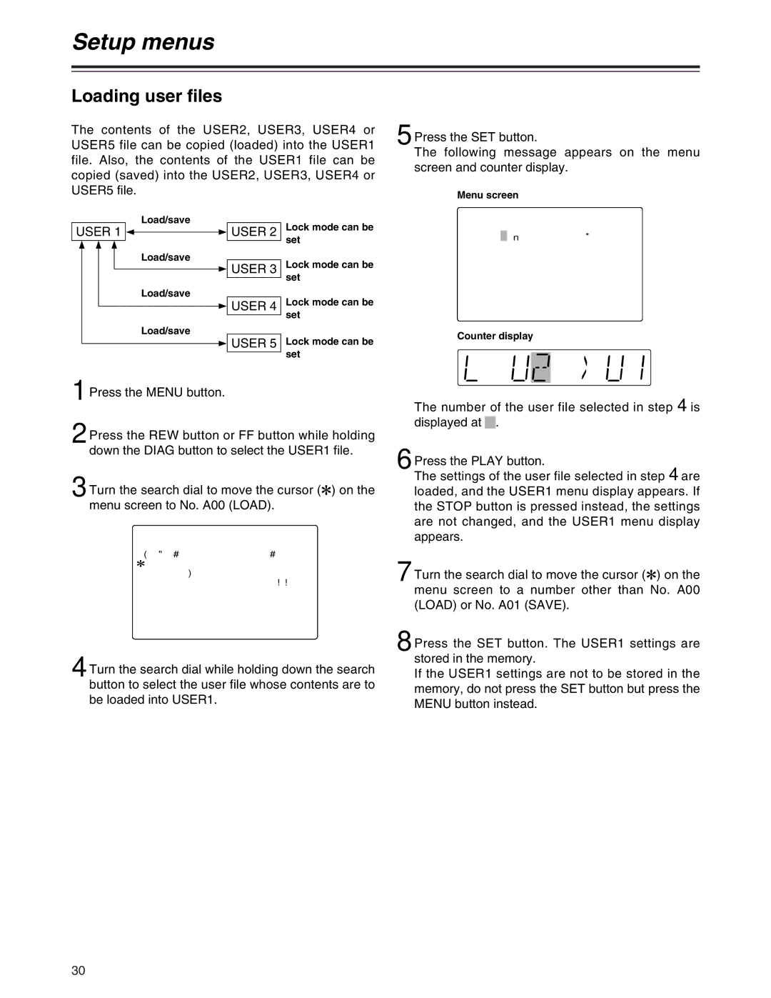 Panasonic AJ-SD955Bp manual Loading user files, Menu screen Load/save, Lock mode can be set Counter display 