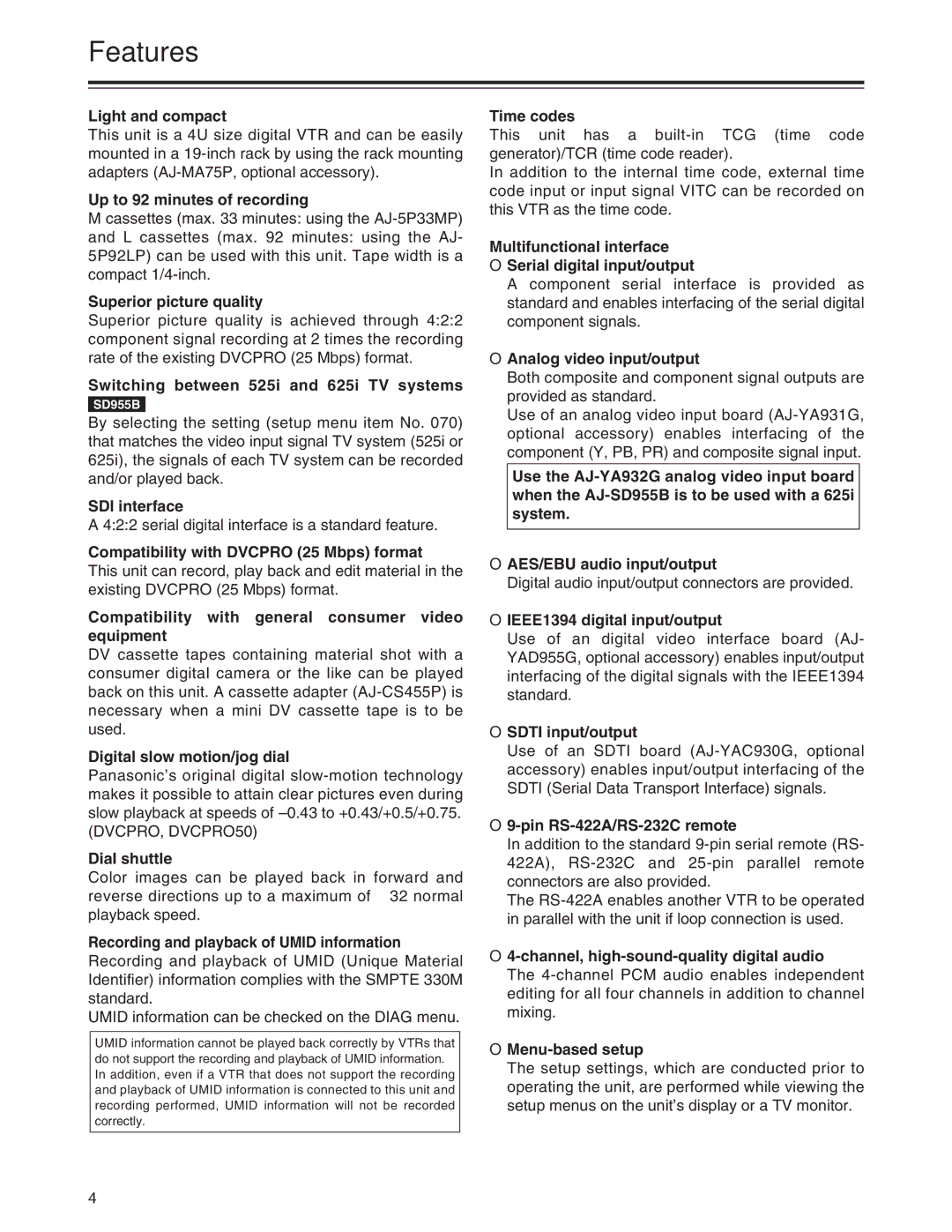 Panasonic AJ-SD955Bp manual Features 