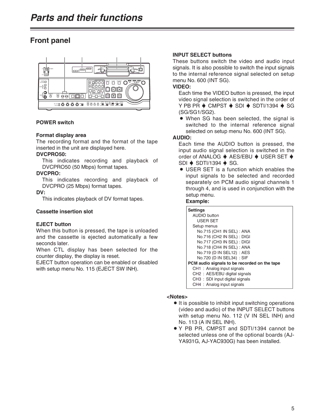 Panasonic AJ-SD955Bp manual Parts and their functions, Front panel 