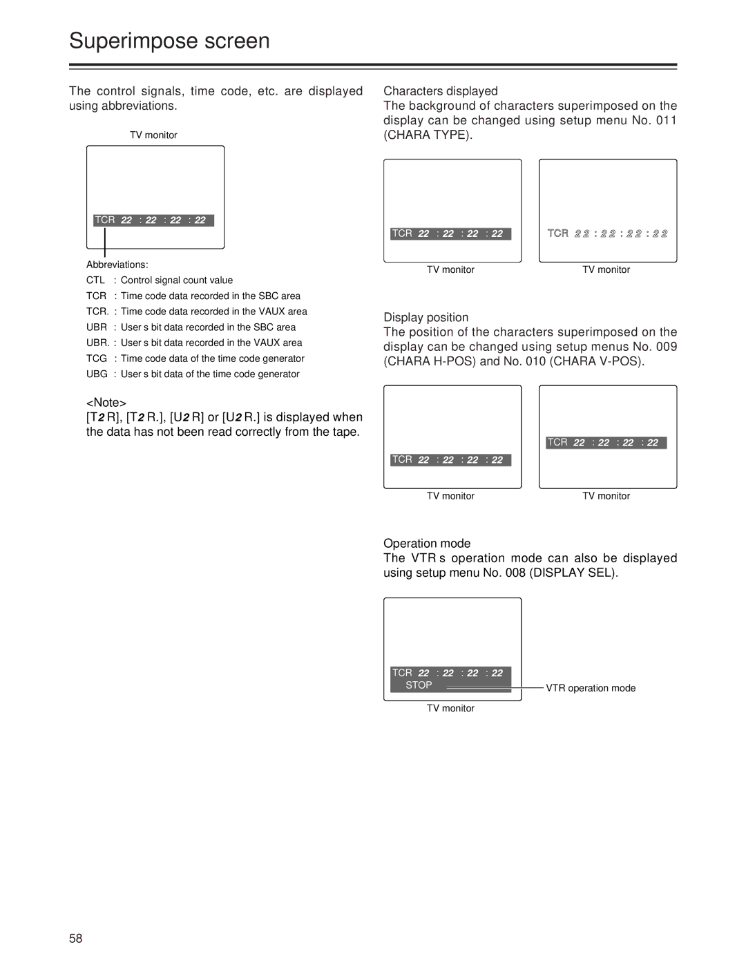 Panasonic AJ-SD955Bp manual Superimpose screen, Characters displayed, Display position, Operation mode 