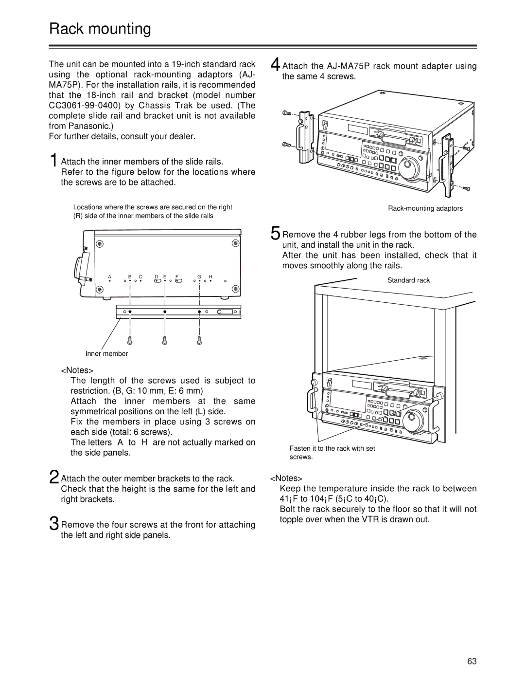 Panasonic AJ-SD955Bp manual Rack mounting, Rack-mounting adaptors, Standard rack Fasten it to the rack with set screws 