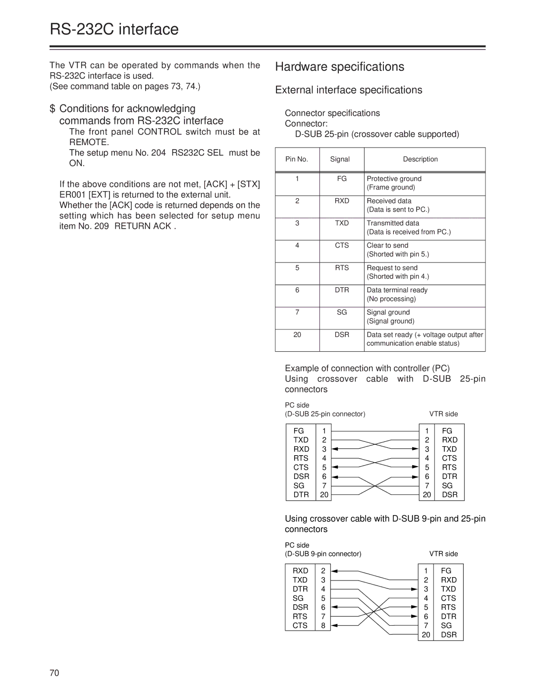 Panasonic AJ-SD955Bp manual RS-232C interface, Hardware specifications, External interface specifications 