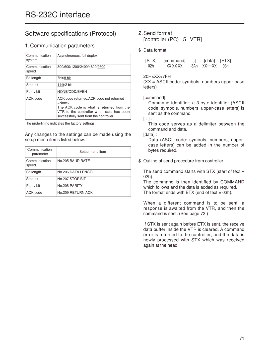 Panasonic AJ-SD955Bp manual Software specifications Protocol, Communication parameters, Send format controller PC 5 VTR 