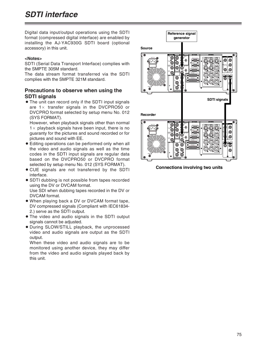 Panasonic AJ-SD955Bp Sdti interface, Precautions to observe when using the Sdti signals, Connections involving two units 