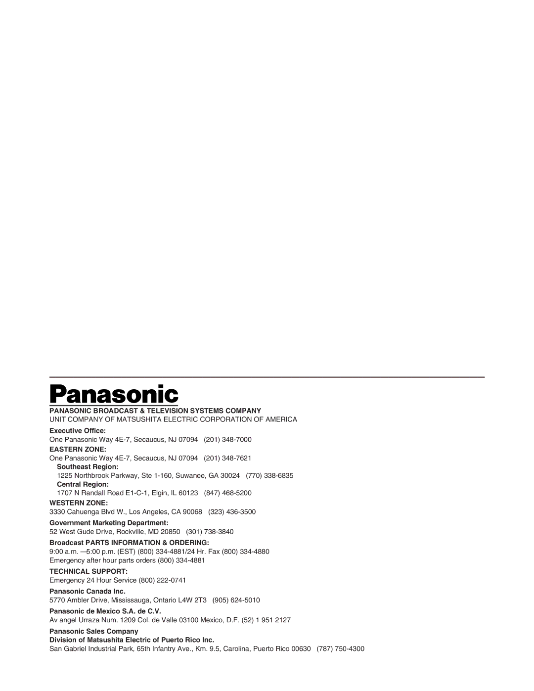 Panasonic AJ-SD955Bp manual Panasonic Broadcast & Television Systems Company, Eastern Zone, Western Zone, Technical Support 