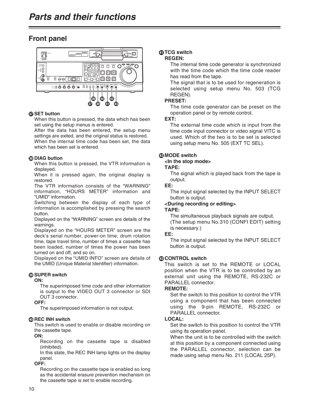 Panasonic AJ-SD955Bp manual Regen, Preset, Off, Ext, Remote, Local 