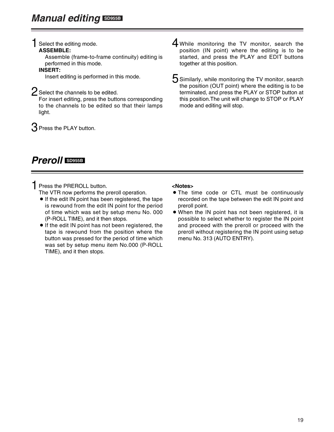 Panasonic AJ-SD955Bp manual Manual editing SD955B, Preroll SD955B, Assemble, Insert 