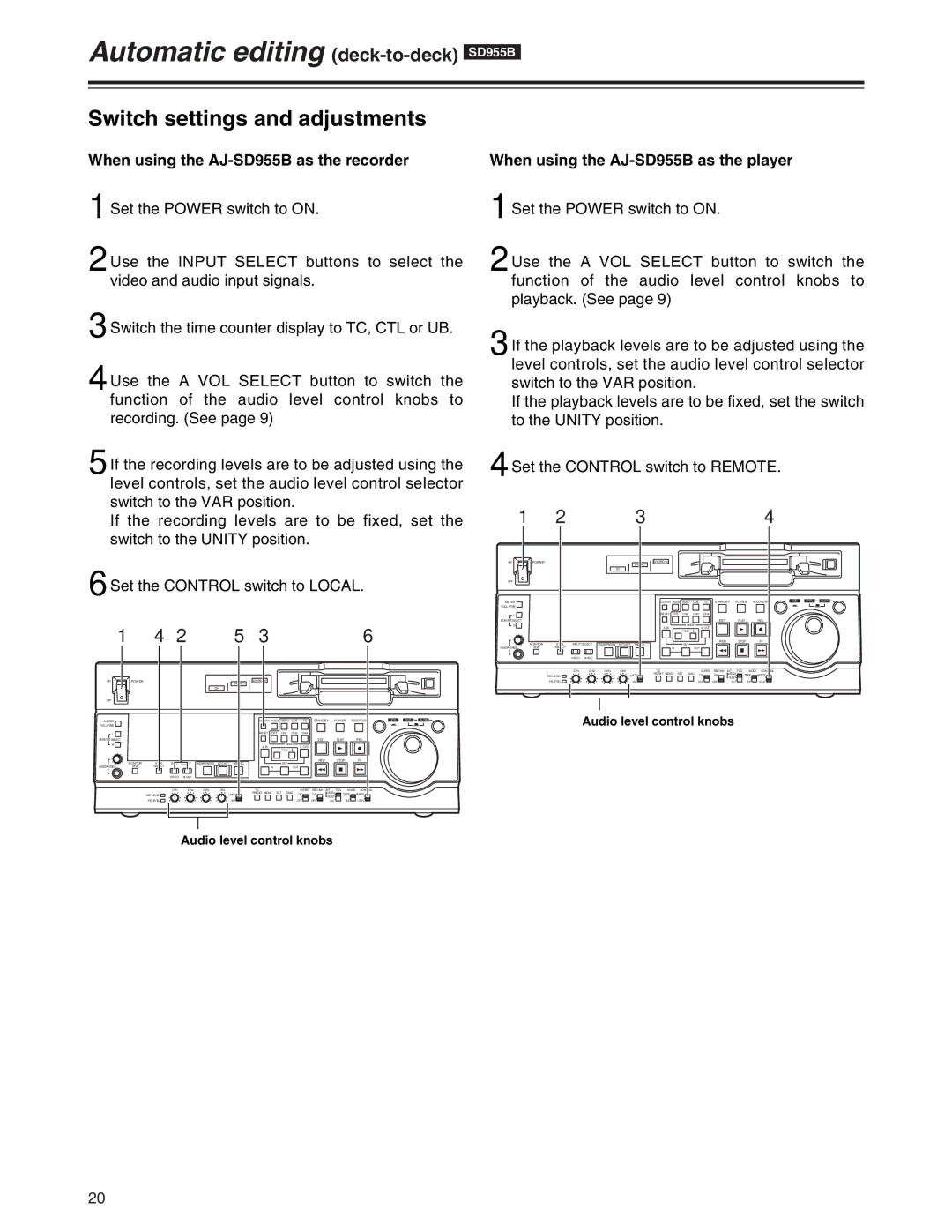 Panasonic AJ-SD955Bp Automatic editing deck-to-deckSD955B, Switch settings and adjustments, Audio level control knobs 