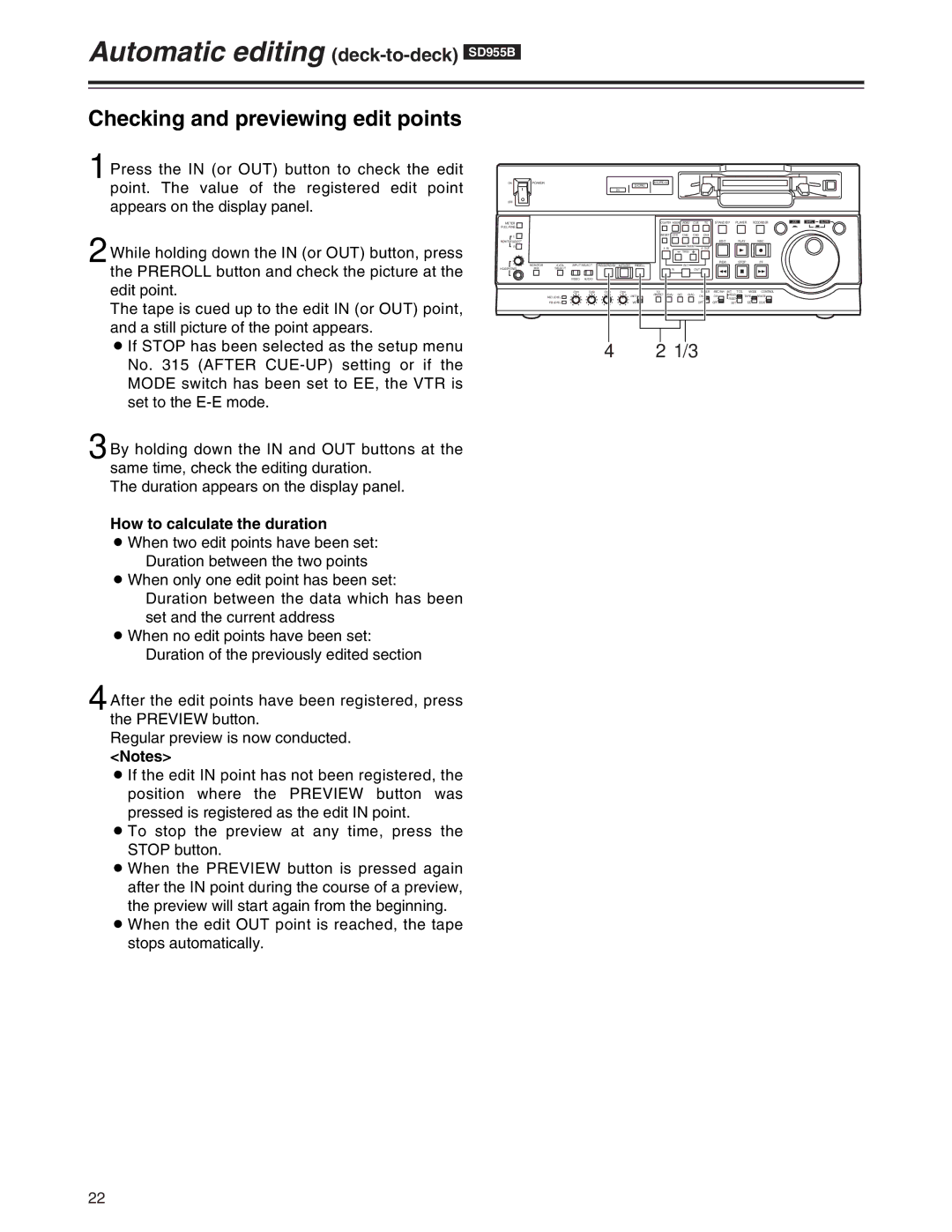 Panasonic AJ-SD955Bp manual Checking and previewing edit points, How to calculate the duration 