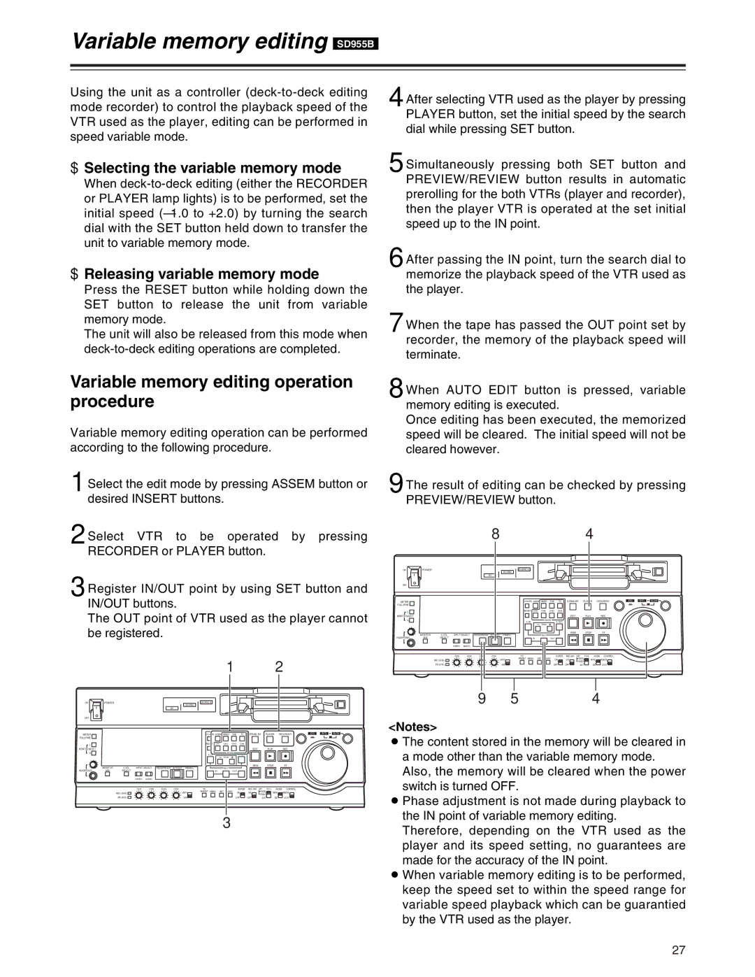 Panasonic AJ-SD955Bp manual Variable memory editing SD955B, Variable memory editing operation procedure 