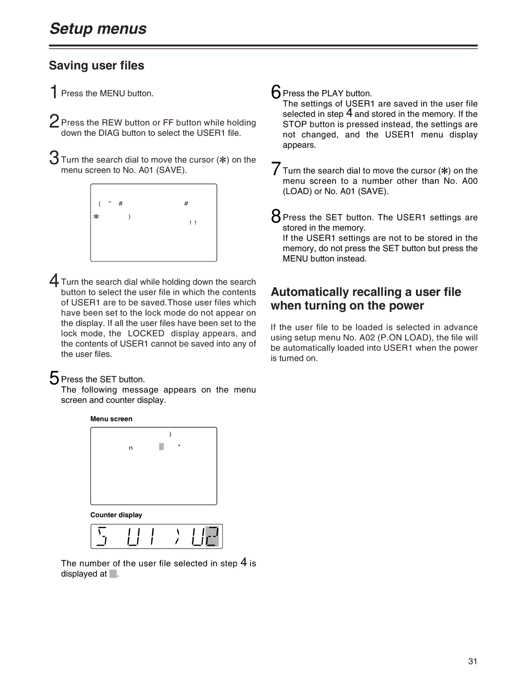 Panasonic AJ-SD955Bp manual Saving user files, Menu screen 