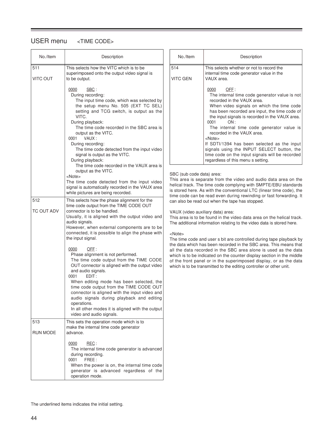 Panasonic AJ-SD955Bp manual Vitc OUT, Sbc, Vaux, Tc Out Adv, Edit, RUN Mode, Rec, Free, Vitc GEN 