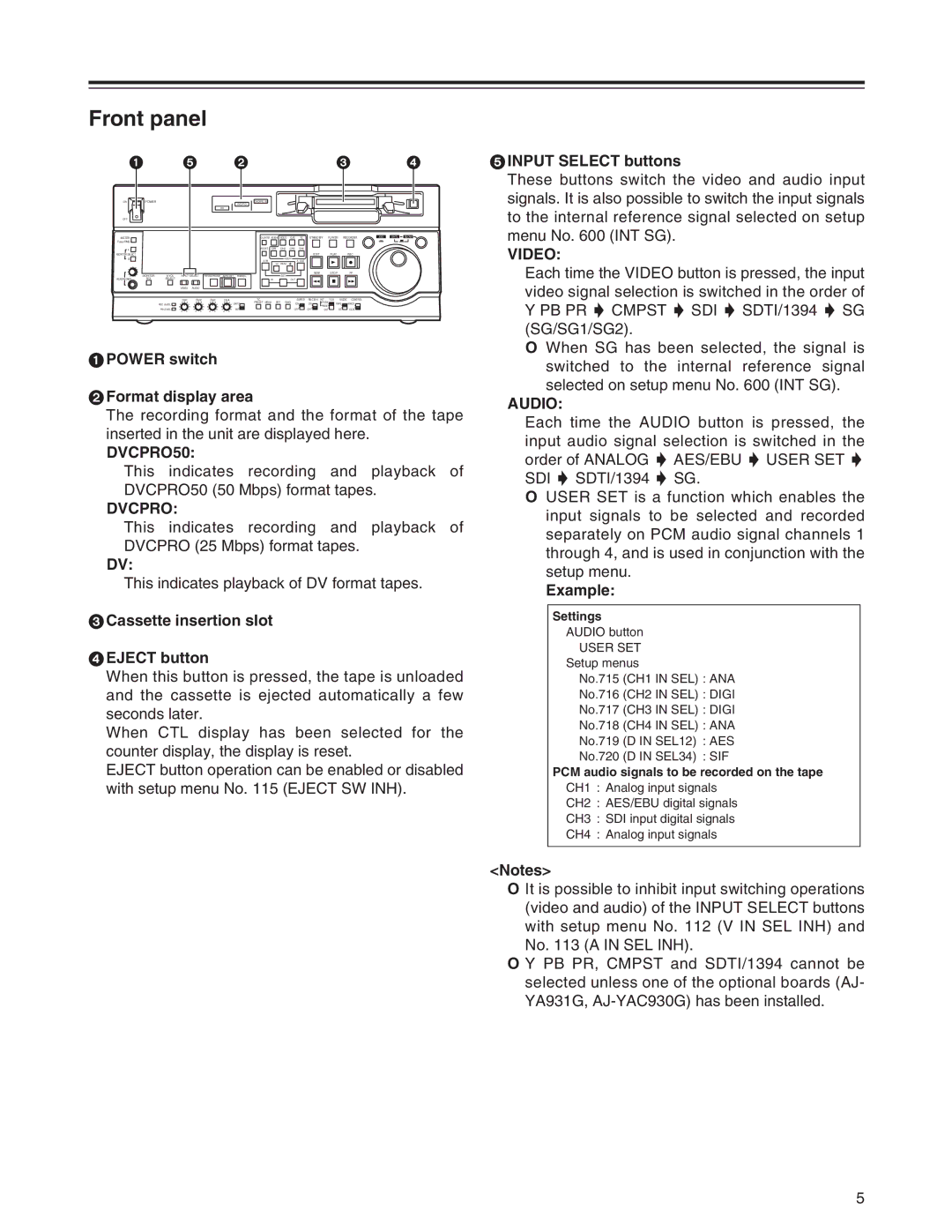 Panasonic AJ-SD955Bp manual Parts and their functions, Front panel 