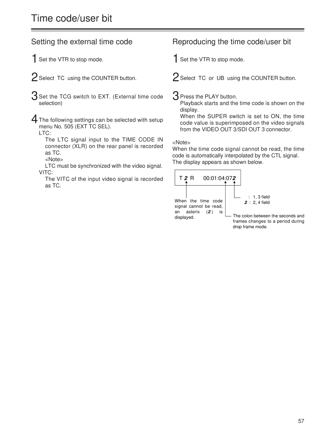 Panasonic AJ-SD955Bp manual Setting the external time code, Ltc, Vitc 