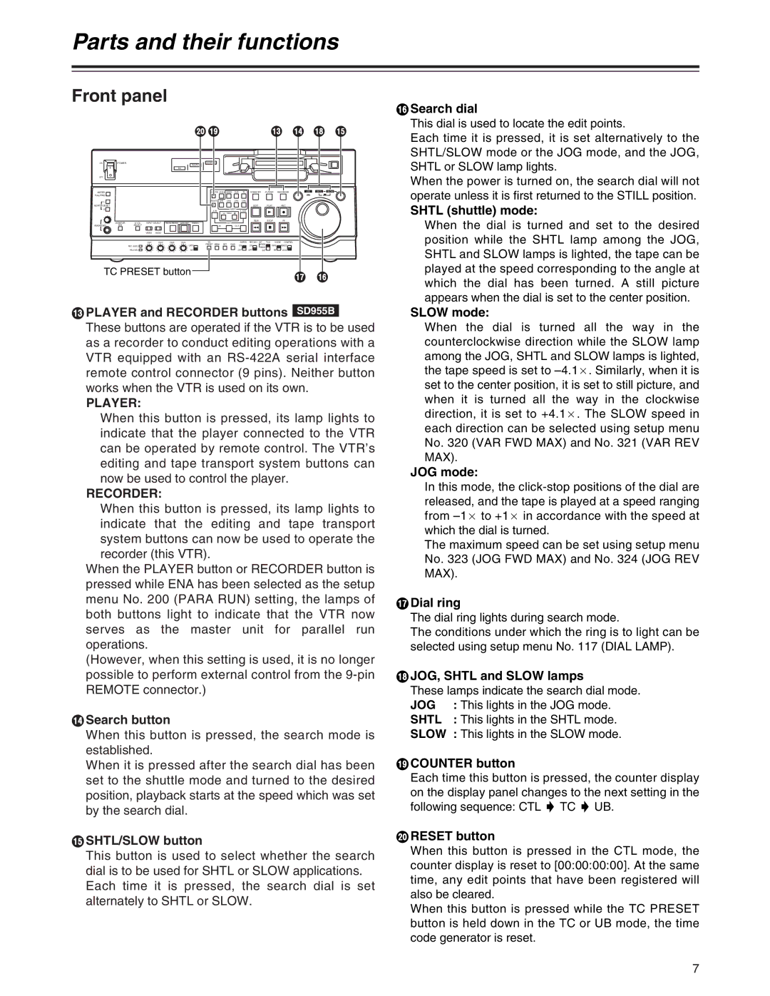 Panasonic AJ-SD955Bp manual Player, Recorder, Jog, Shtl, Slow 