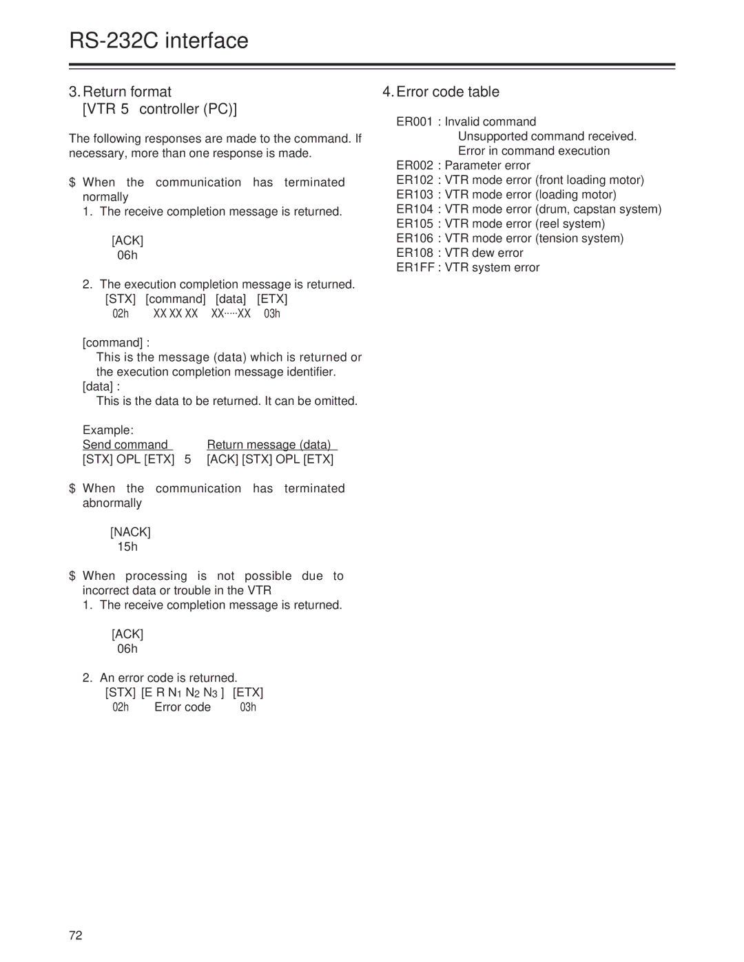 Panasonic AJ-SD955Bp Return format VTR 5 controller PC, Error code table, $ When the communication has terminated normally 