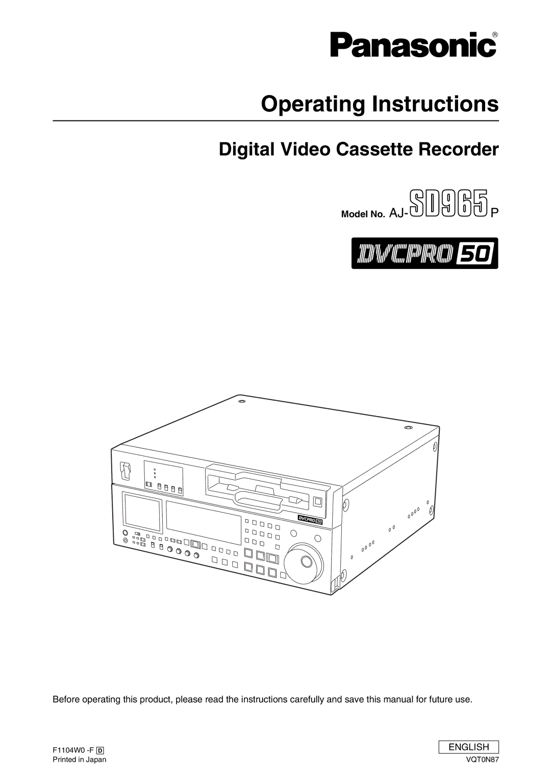 Panasonic AJ-SD965 manual Operating Instructions, Model No. AJ 