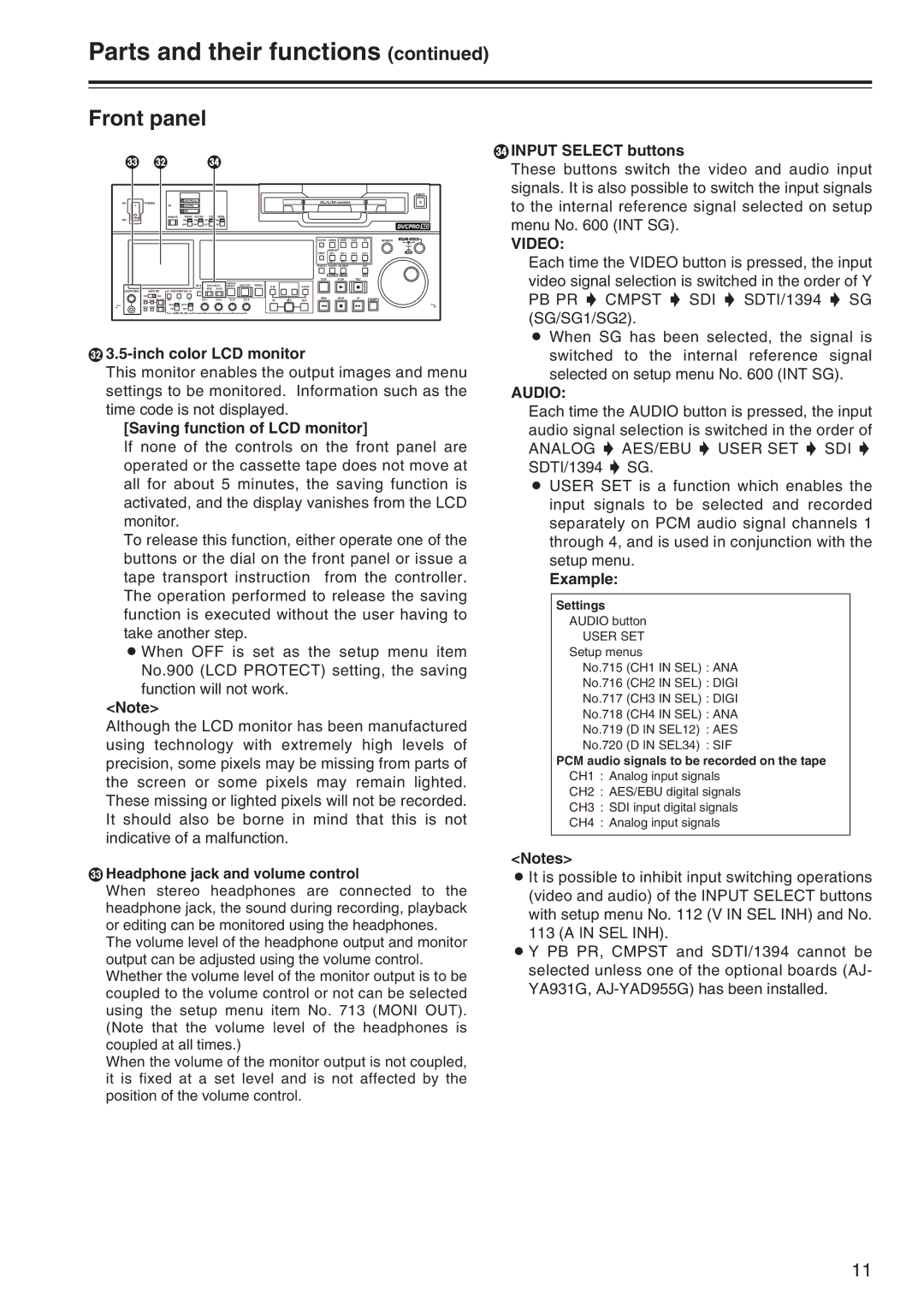 Panasonic AJ-SD965 manual Video, Audio 