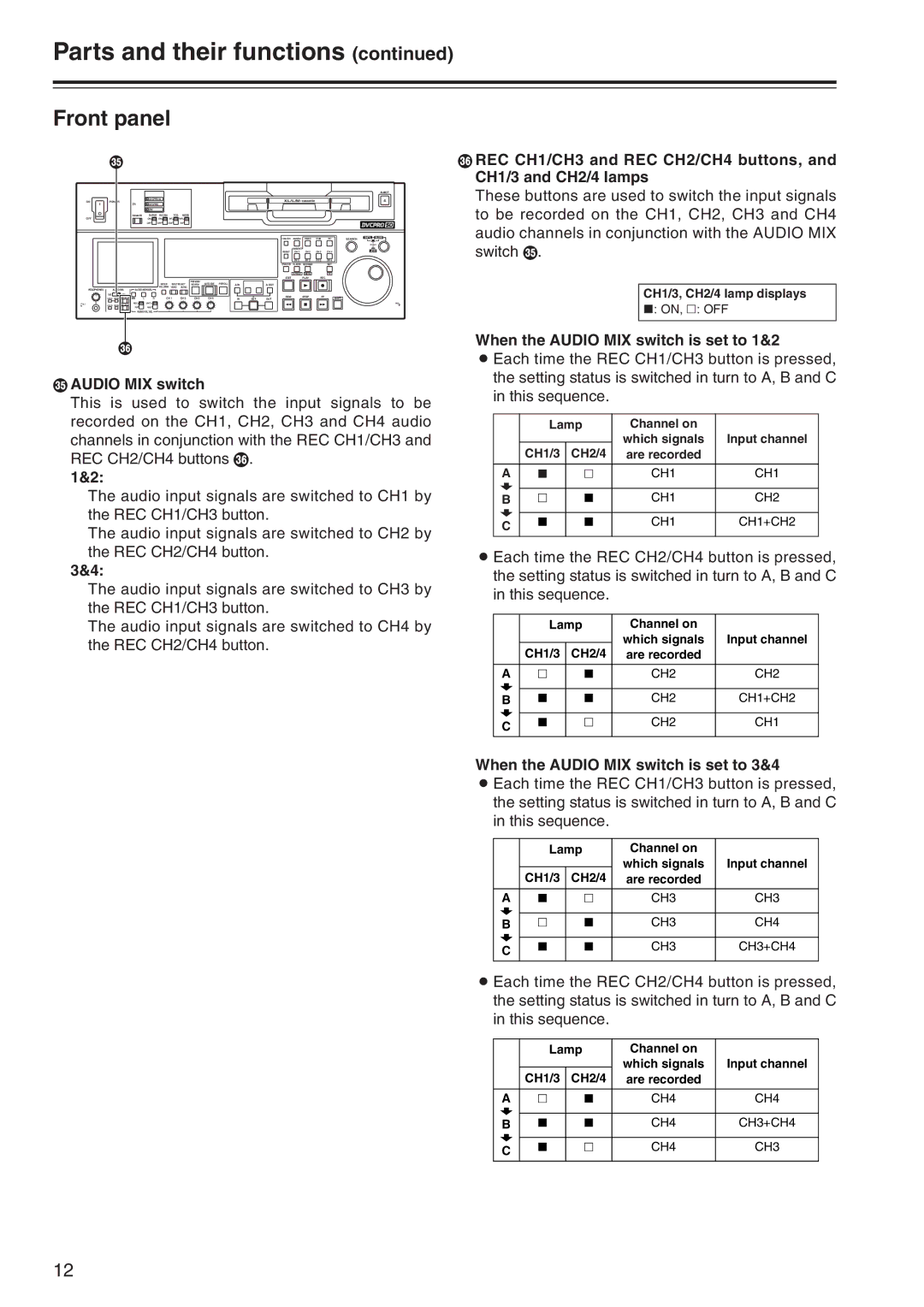 Panasonic AJ-SD965 manual When the Audio MIX switch is set to 1&2, When the Audio MIX switch is set to 3&4 