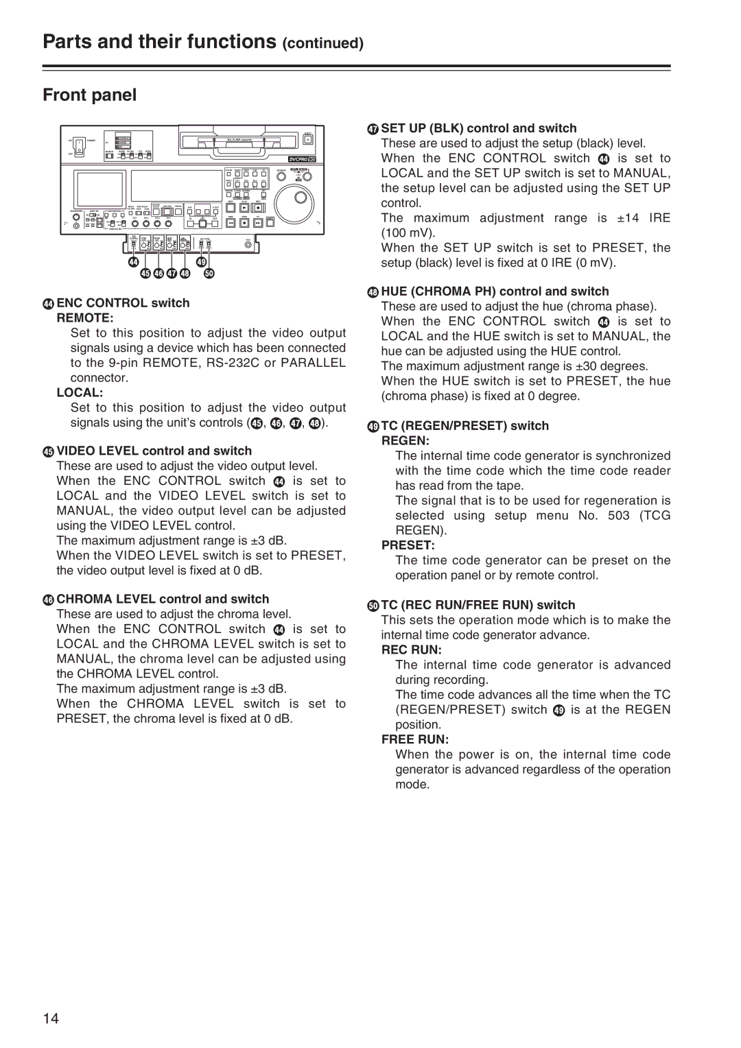 Panasonic AJ-SD965 manual Remote, Local, Regen, Preset, Rec Run, Free RUN 