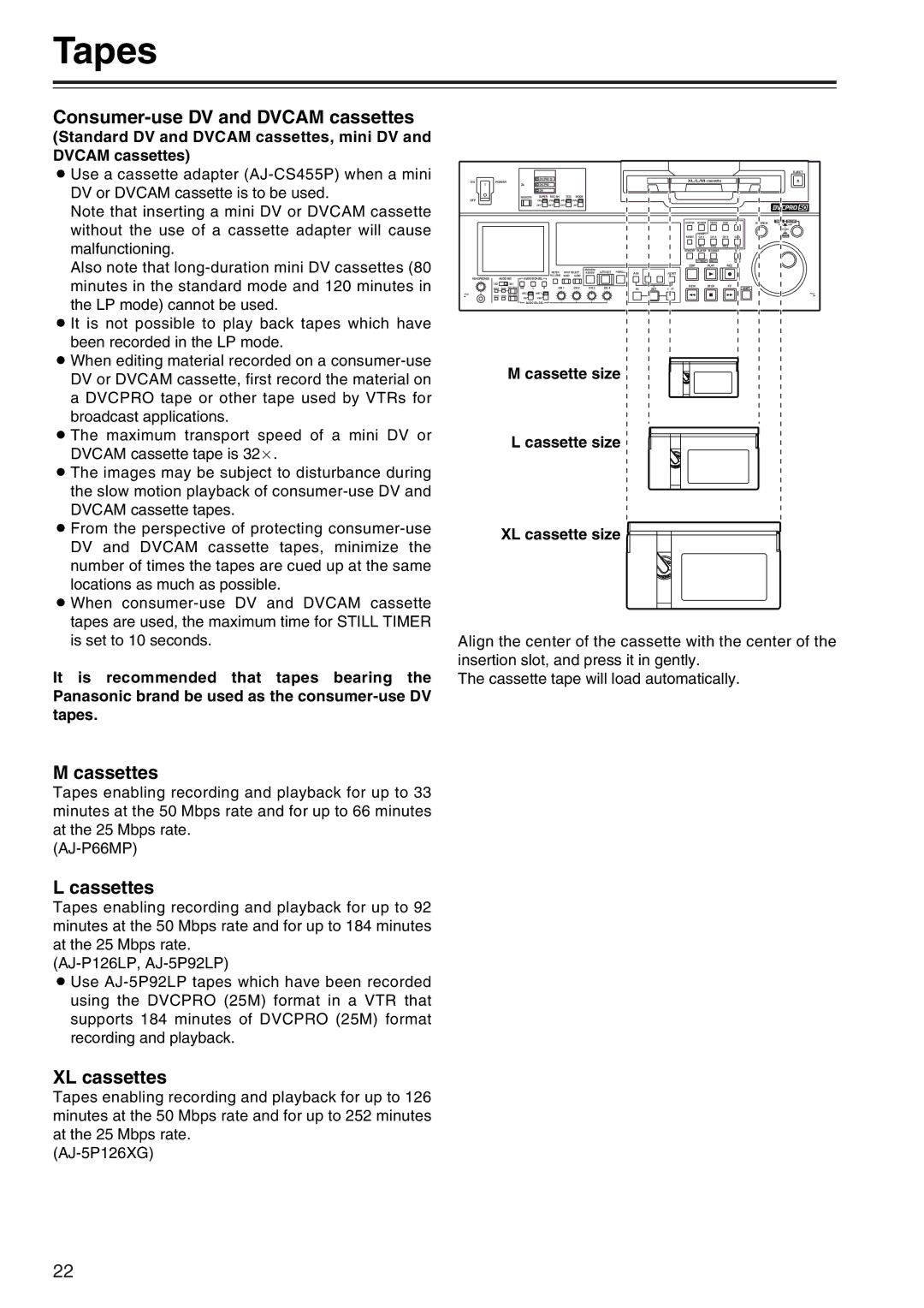 Panasonic AJ-SD965 Tapes, Consumer-use DV and Dvcam cassettes, Cassettes, XL cassettes, Cassette size XL cassette size 