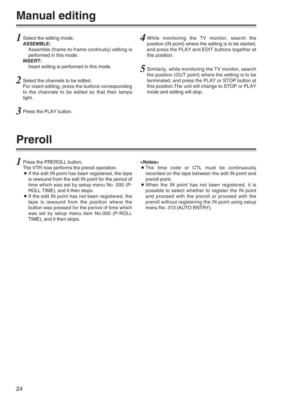 Panasonic AJ-SD965 manual Manual editing, Preroll, Assemble, Insert 