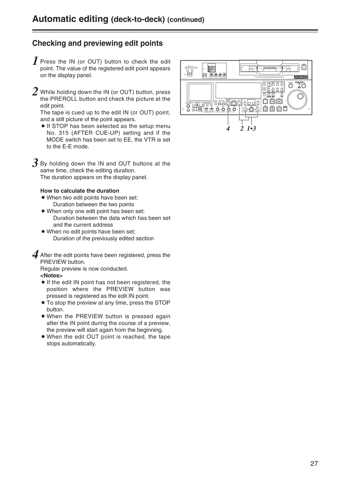 Panasonic AJ-SD965 manual Checking and previewing edit points, How to calculate the duration 